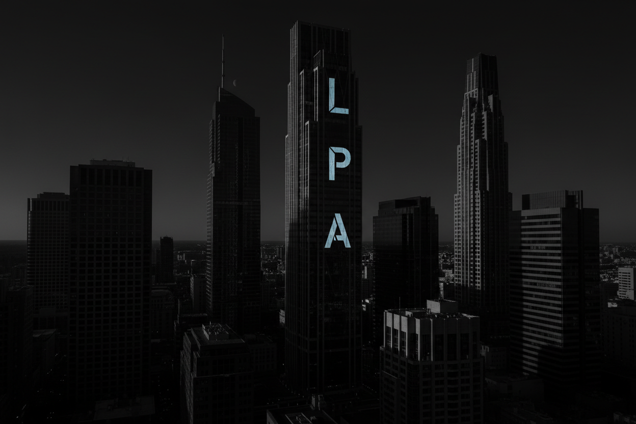 Haz una imagen altamente llamativa que del fondo diga LP A, pero que sea relativa a un lugar alto con edificios, color negro o cosas así